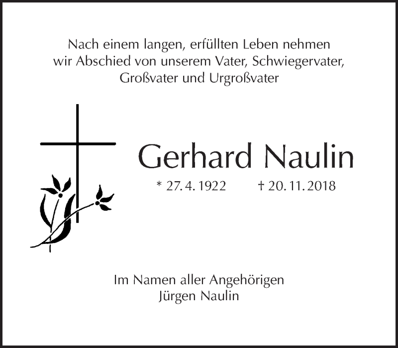  Traueranzeige für Gerhard Naulin vom 25.11.2018 aus Tagesspiegel