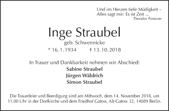 Traueranzeige von Inge Straubel von Tagesspiegel