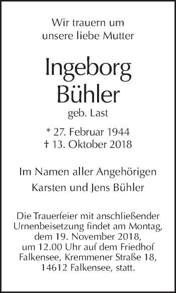 Traueranzeige von Ingeborg Bühler von Tagesspiegel