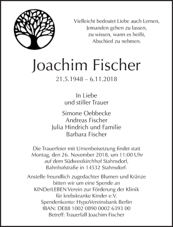 Traueranzeige von Joachim Fischer von Tagesspiegel