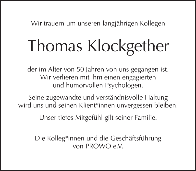  Traueranzeige für Thomas Klockgether vom 04.11.2018 aus Tagesspiegel
