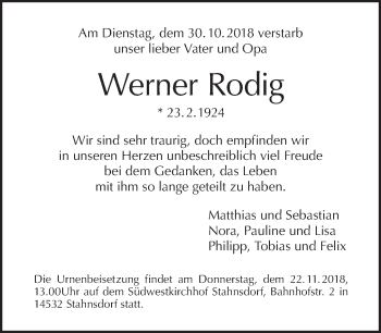 Traueranzeige von Werner Rodig von Tagesspiegel