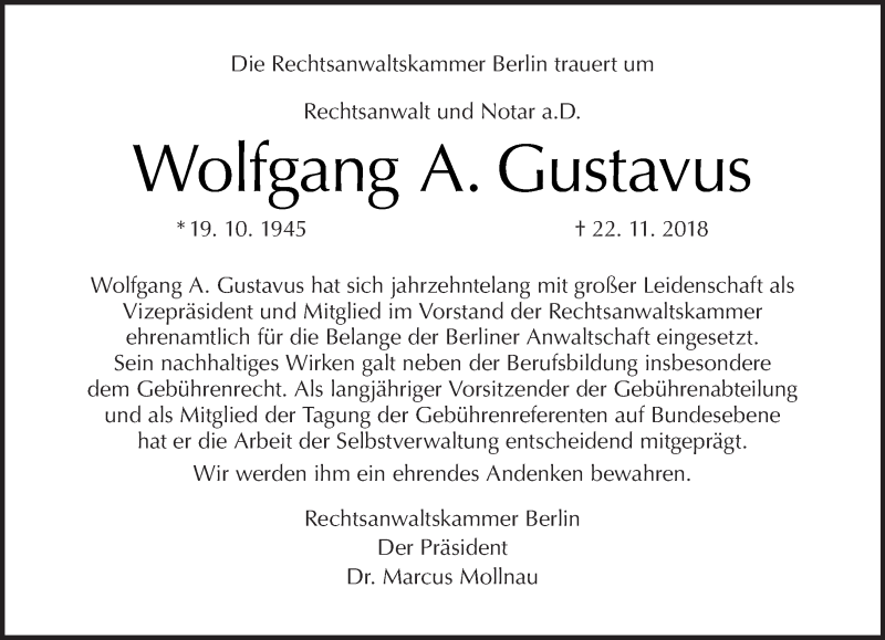  Traueranzeige für Wolfgang A. Gustavus vom 25.11.2018 aus Tagesspiegel