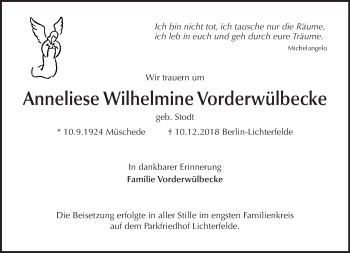 Traueranzeige von Anneliese Wilhelmine Vorderwülbecke von Tagesspiegel