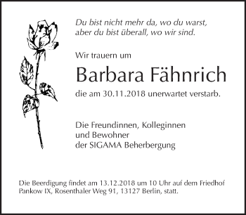 Traueranzeige von Barbara Fähnrich von Tagesspiegel