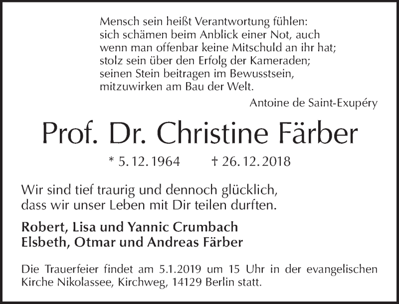  Traueranzeige für Christine Färber vom 30.12.2018 aus Tagesspiegel