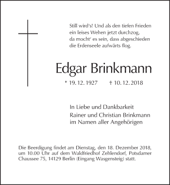 Traueranzeige von Edgar Brinkmann von Tagesspiegel