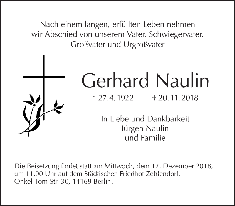  Traueranzeige für Gerhard Naulin vom 02.12.2018 aus Tagesspiegel
