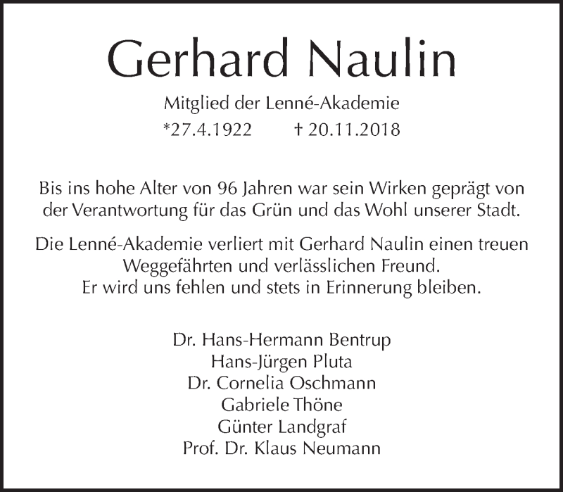  Traueranzeige für Gerhard Naulin vom 02.12.2018 aus Tagesspiegel