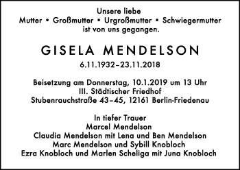 Traueranzeige von Gisela Mendelson von Tagesspiegel