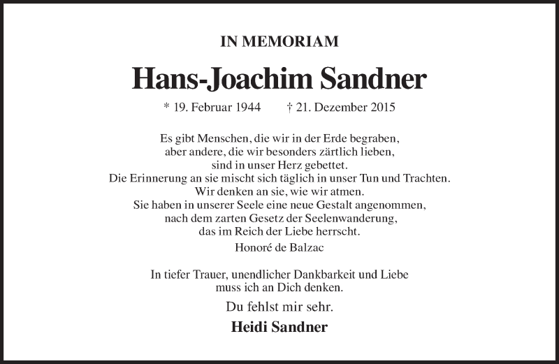  Traueranzeige für Hans-Joachim Sandner vom 23.12.2018 aus Tagesspiegel