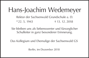 Traueranzeige von Hans-Joachim Wedemeyer von Tagesspiegel