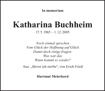 Traueranzeige von Katharina Buchheim von Tagesspiegel