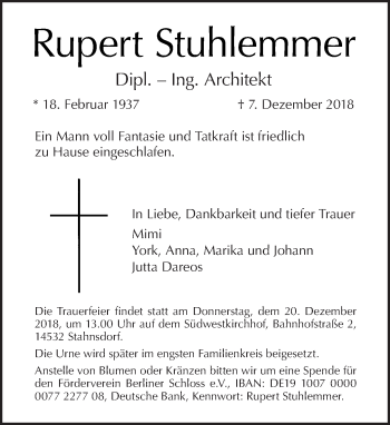 Traueranzeige von Rupert Stuhlemmer von Tagesspiegel