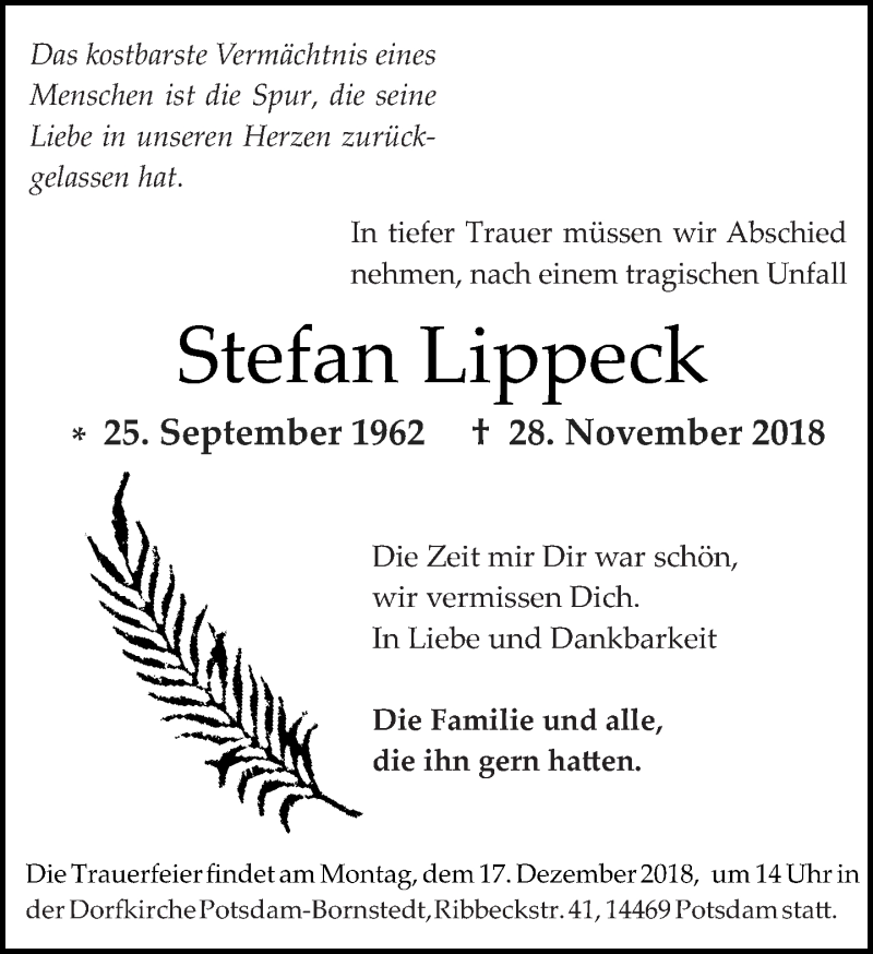  Traueranzeige für Stefan Lippeck vom 16.12.2018 aus Tagesspiegel