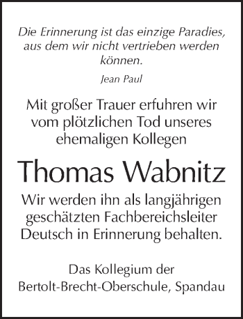 Traueranzeige von Thomas Wabnitz von Tagesspiegel