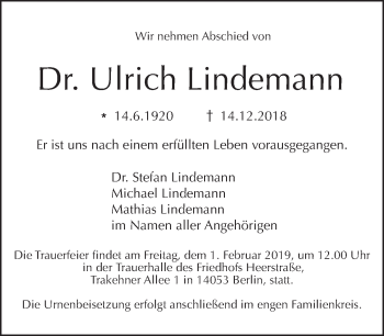 Traueranzeige von Ulrich Lindemann von Tagesspiegel