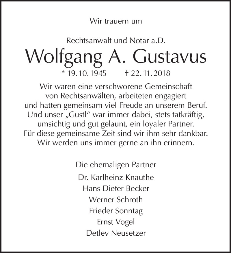  Traueranzeige für Wolfgang A. Gustavus vom 02.12.2018 aus Tagesspiegel