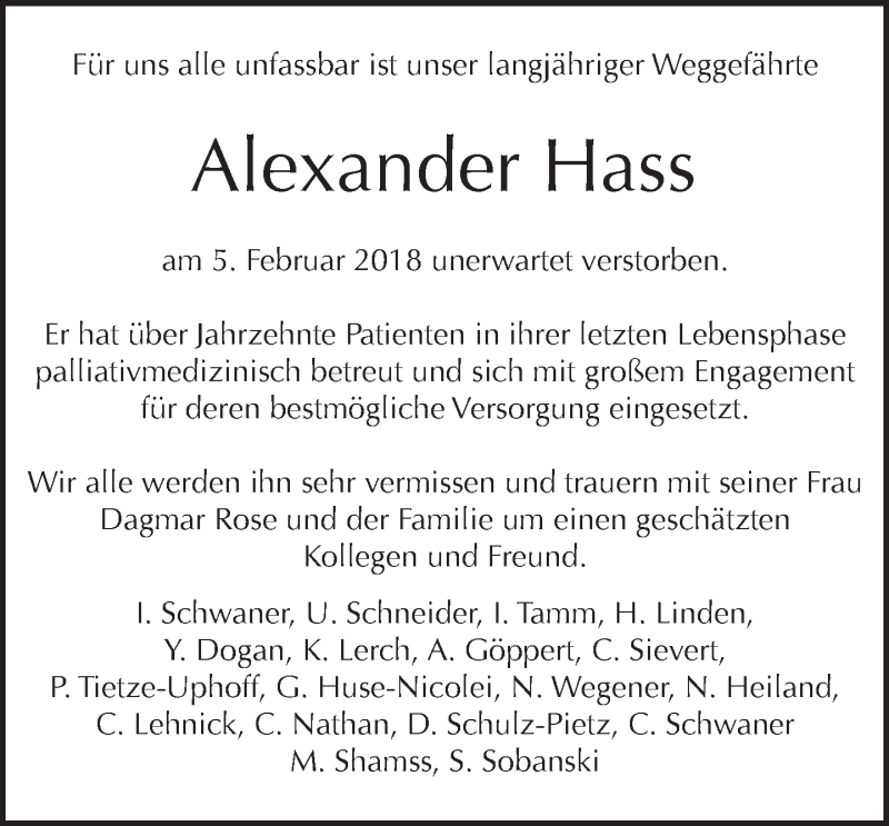  Traueranzeige für Alexander Hass vom 18.02.2018 aus Tagesspiegel