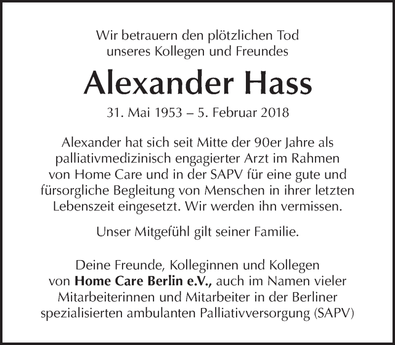  Traueranzeige für Alexander Hass vom 11.02.2018 aus Tagesspiegel