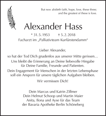 Traueranzeige von Alexander Hass von Tagesspiegel