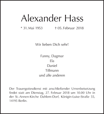 Traueranzeige von Alexander Hass von Tagesspiegel