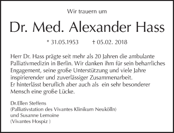 Traueranzeige von Alexander Hass von Tagesspiegel