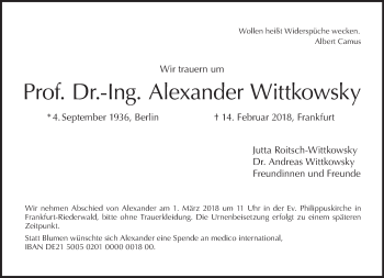 Traueranzeige von Alexander Wittkowsky von Tagesspiegel