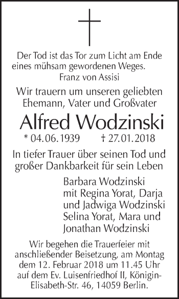 Traueranzeige von Alfred Wodzinski von Tagesspiegel