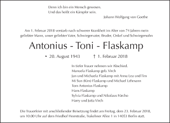 Traueranzeige von Antonius Flaskamp von Tagesspiegel