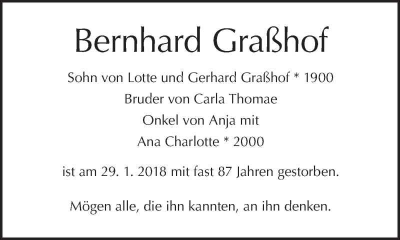  Traueranzeige für Bernhard Graßhof vom 11.02.2018 aus Tagesspiegel