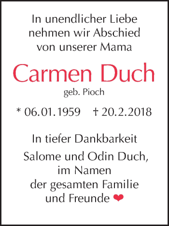 Traueranzeige von Carmen Duch von Tagesspiegel