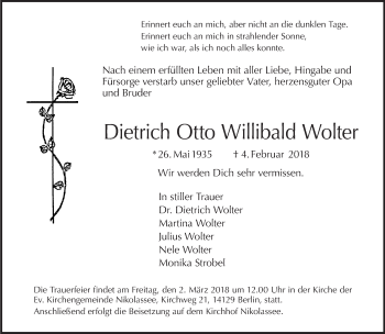 Traueranzeige von Dietrich Otto Willibald Wolter von Tagesspiegel