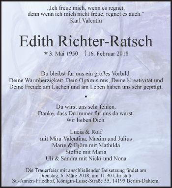 Traueranzeige von Edith Richter-Ratsch von Tagesspiegel