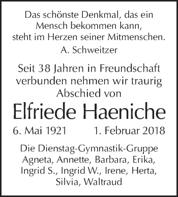 Traueranzeige von Elfriede Haeniche von Tagesspiegel