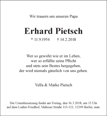 Traueranzeige von Erhard Pietsch von Tagesspiegel
