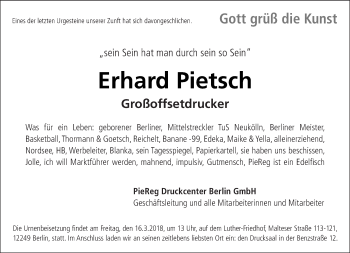 Traueranzeige von Erhard Pietsch von Tagesspiegel