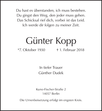 Traueranzeige von Günter Kopp von Tagesspiegel