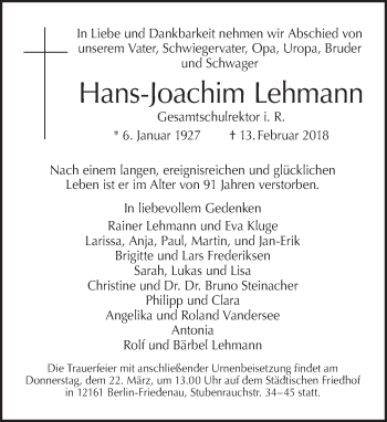 Traueranzeige von Hans-Joachim Lehmann von Tagesspiegel