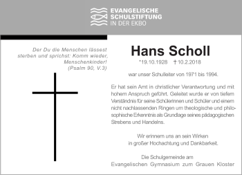 Traueranzeige von Hans  Scholl von Tagesspiegel