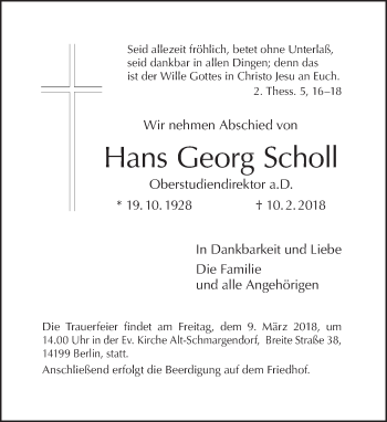 Traueranzeige von Hans Georg Scholl von Tagesspiegel