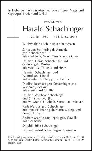 Traueranzeige von Harald Schachinger von Tagesspiegel
