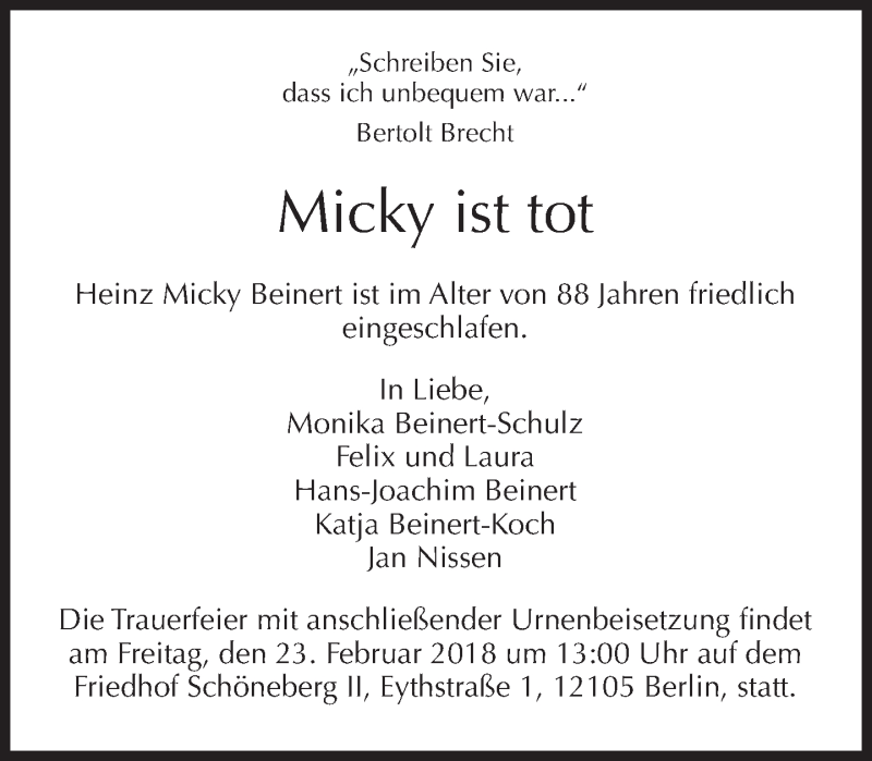  Traueranzeige für Heinz Micky Beinert vom 11.02.2018 aus Tagesspiegel