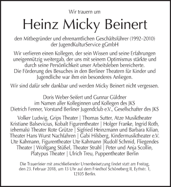 Traueranzeige von Heinz Micky Beinert von Tagesspiegel