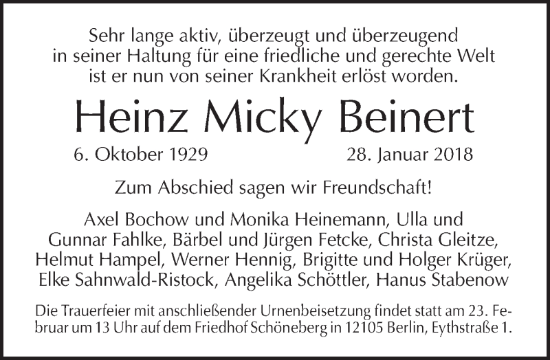  Traueranzeige für Heinz Micky Beinert vom 11.02.2018 aus Tagesspiegel