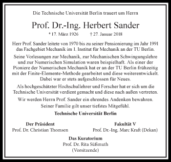 Traueranzeige von Herbert Sander von Tagesspiegel