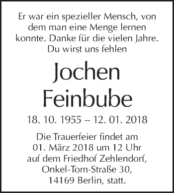 Traueranzeige von Jochen Feinbube von Tagesspiegel