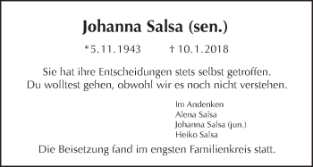 Traueranzeige von Johanna Salsa von Tagesspiegel