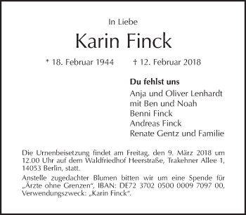 Traueranzeige von Karin Finck von Tagesspiegel