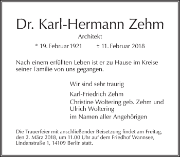 Traueranzeige von Karl-Hermann Zehm von Tagesspiegel